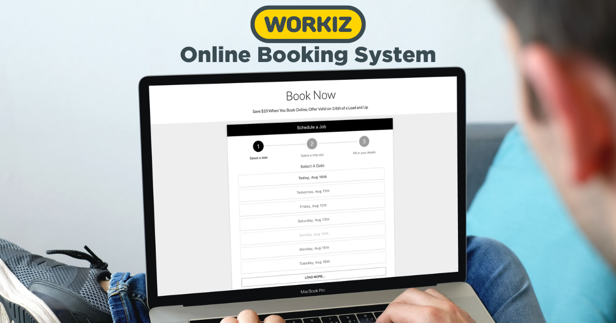 Workiz Online Booking System for Junk Removal shown on a laptop